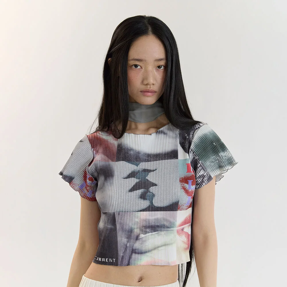 PLEATS PRINT TOP(BLACK/WHITE)