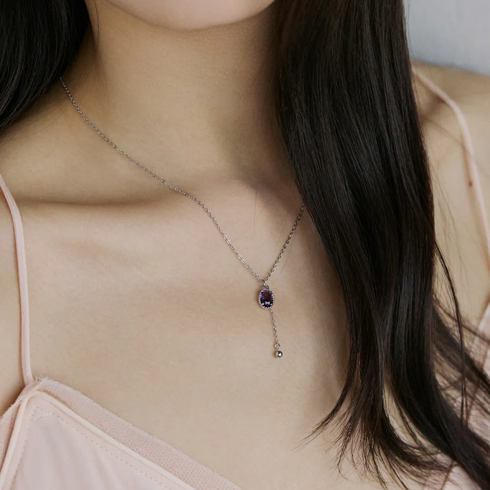 Violet oval with drop ball chain necklace