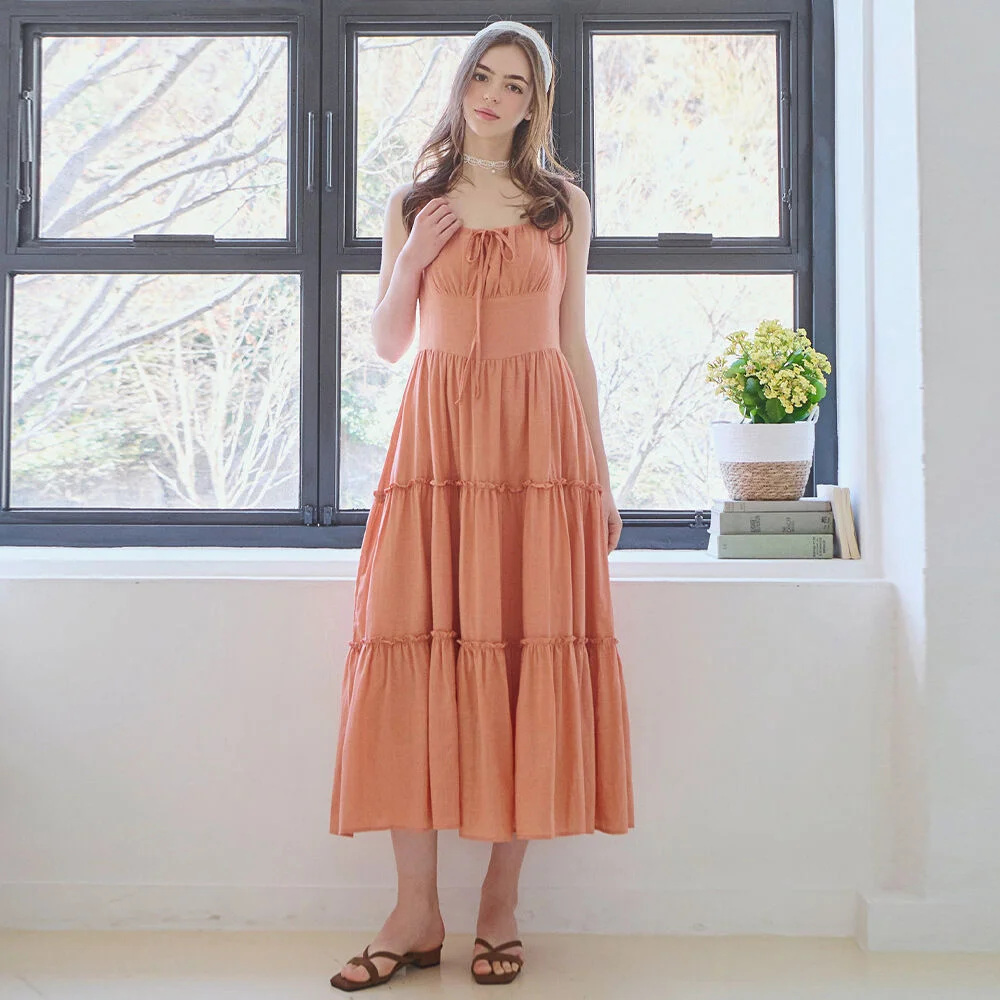 Ribbon shirring sleeveless dress - Orange
