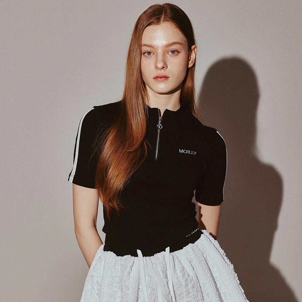 Lace Tape Half Zip-Up Black