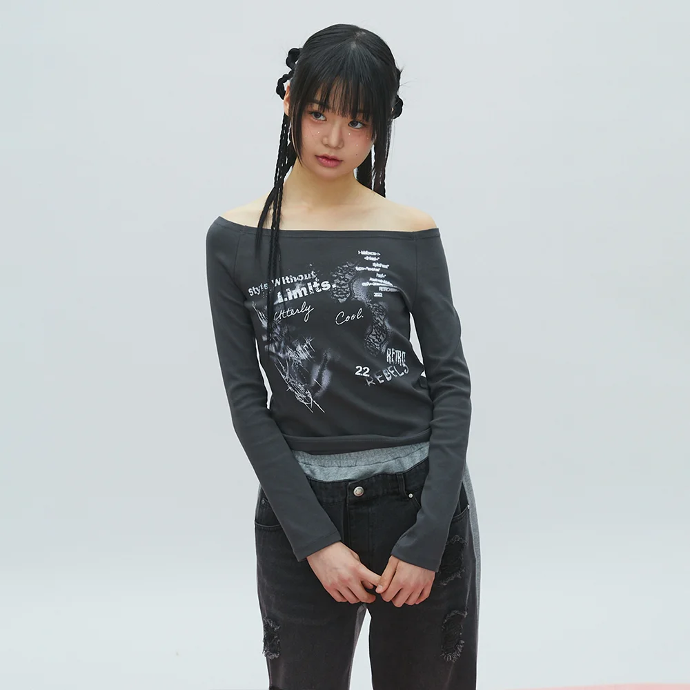 OFF-SHOULDER PRINTING T-SHIRT CHARCOAL BQ4CL005