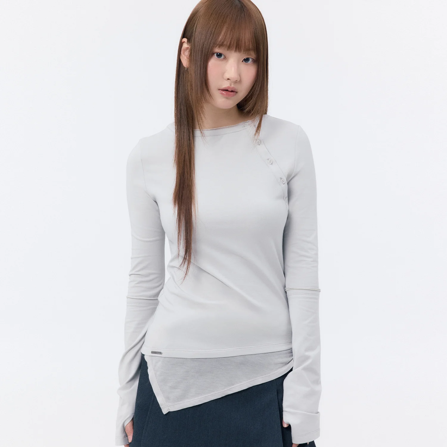 Slash button layered long sleeve LIGHT GREY