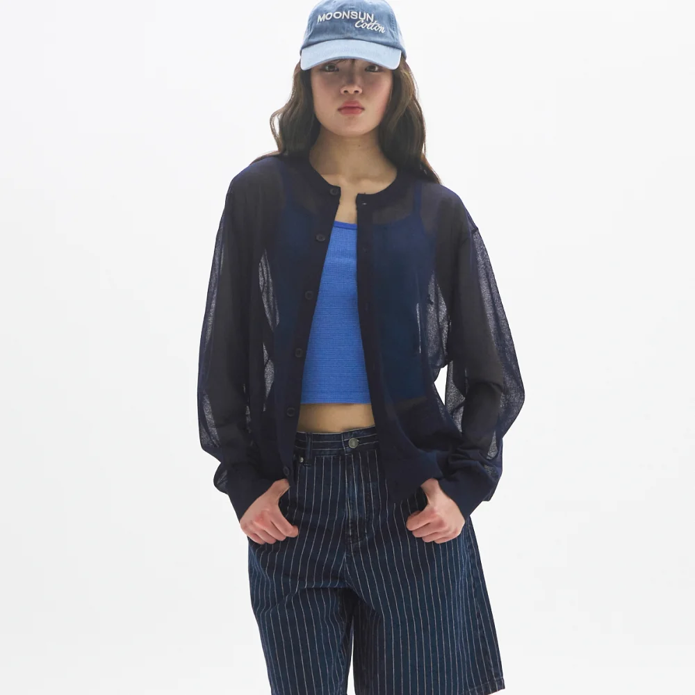 M.C UNISEX, Logo Sheer Knit Cardigan / NAVY