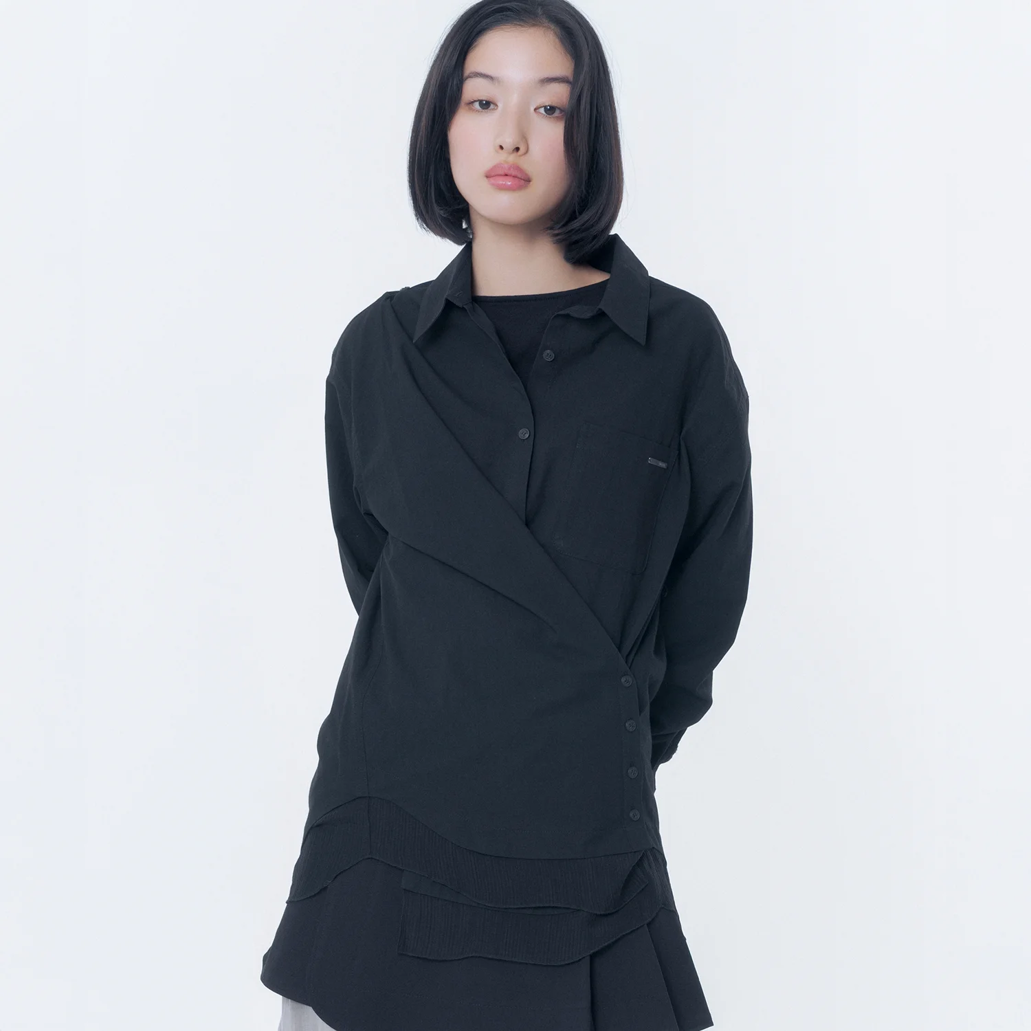 Oblique layered sheer shirts BLACK