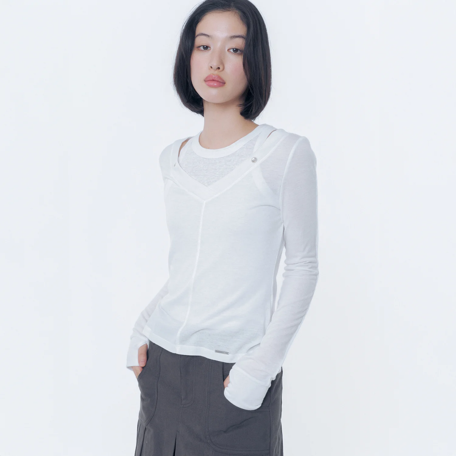 Layered line sheer long sleeve WHITE