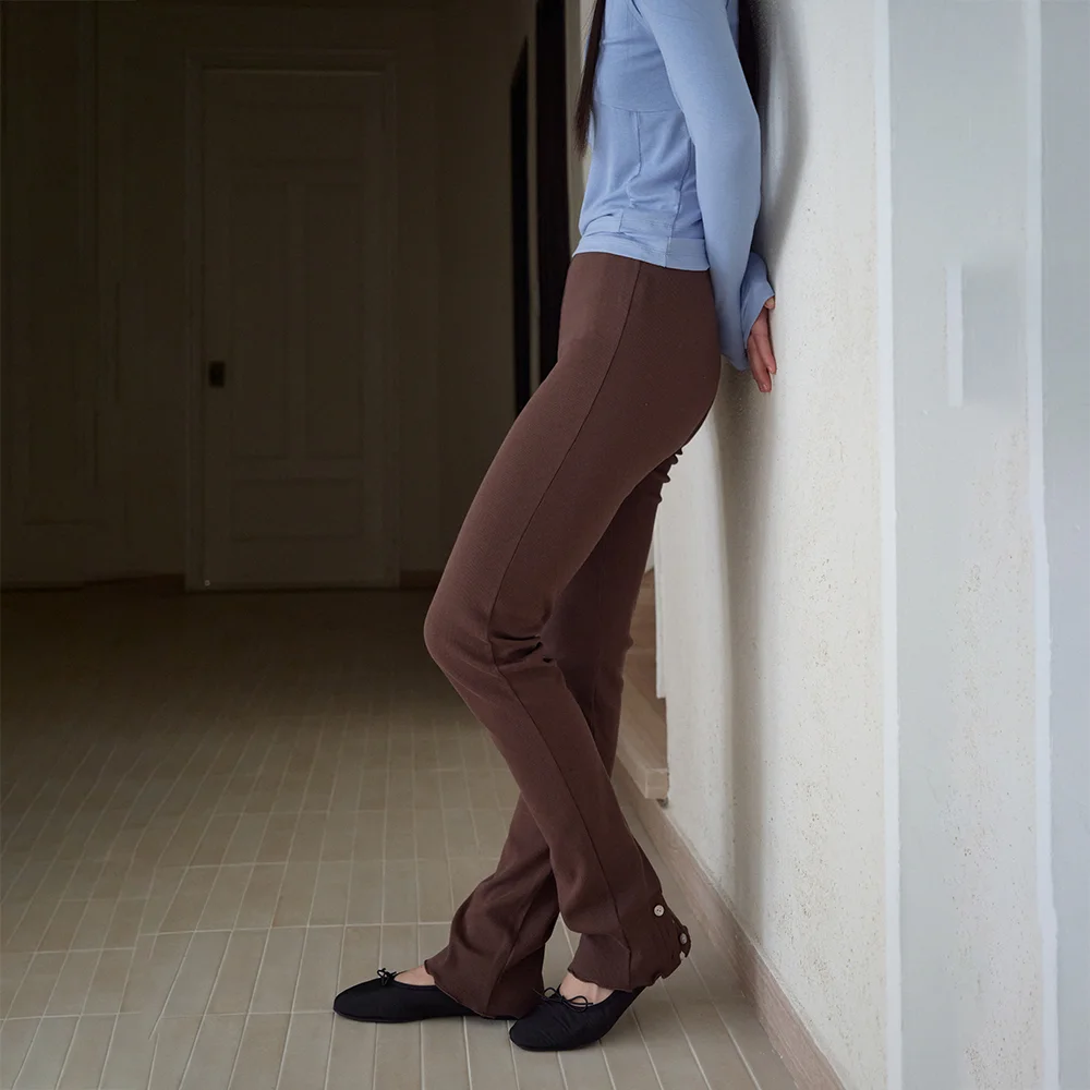 Rib Button Leggings Pants (Brown)