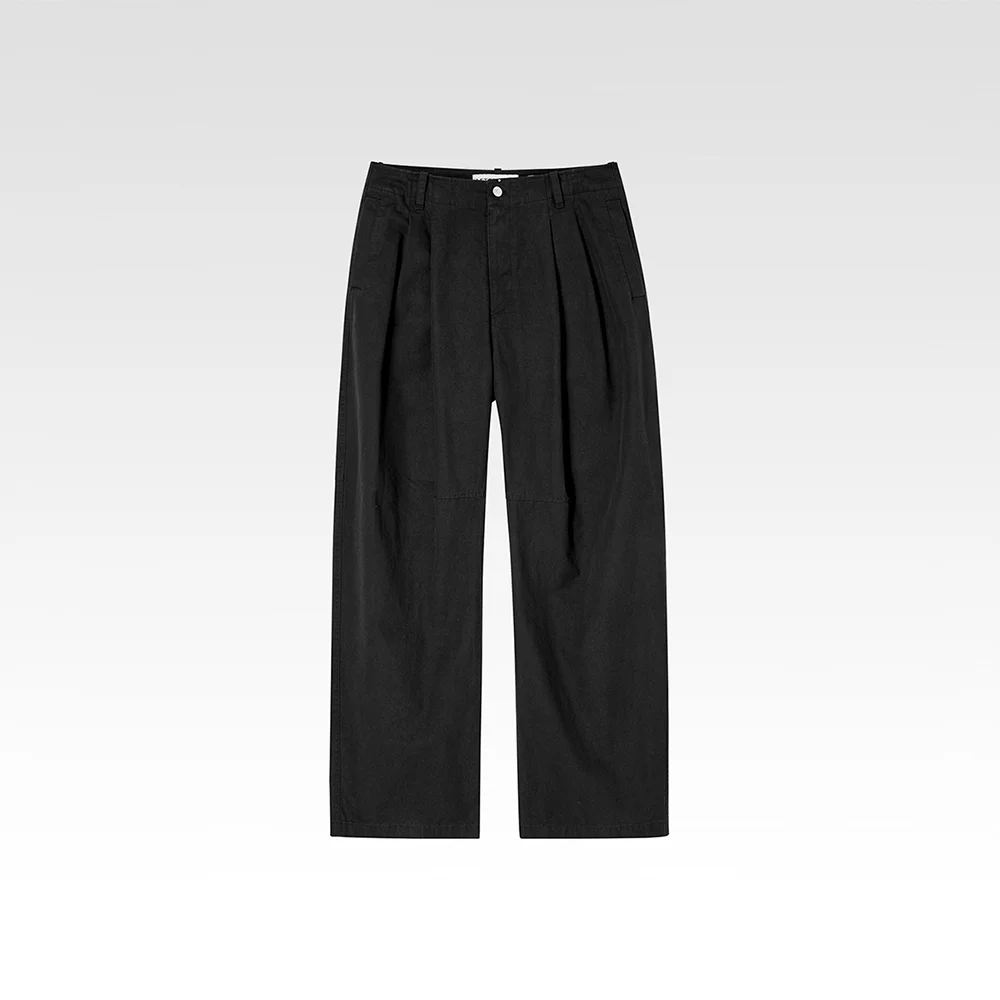 弧形 雙褶 純棉 褲子 黑色
