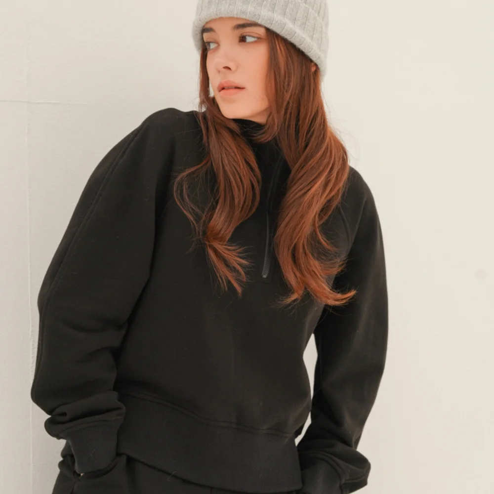 (加絨) High neck Half Zip up Sweatshirt _Black