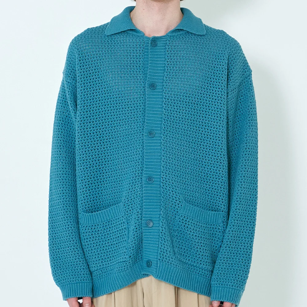 Crochet Knit Cotton Polo Cardigan (Ocean Turquise)