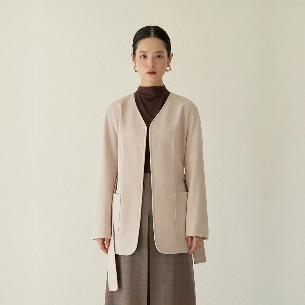 collarless classic belted jacket_Ivory