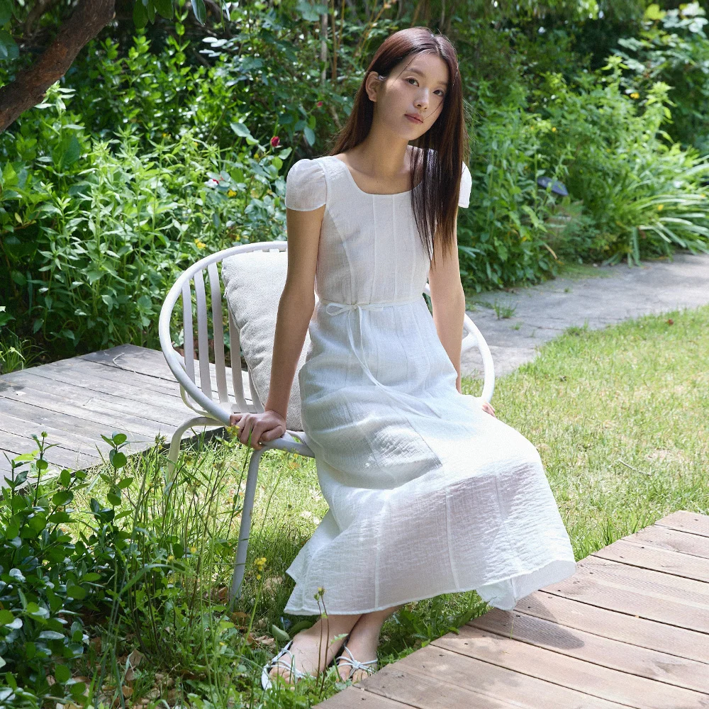 Smocking square neck long dress - ivory