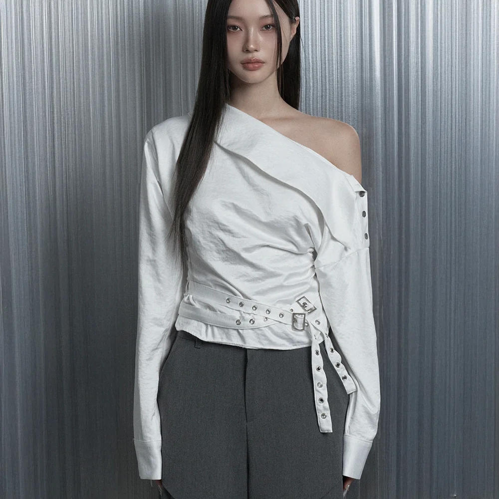 Two Belt Drape One-Shoulder Blouse (White)