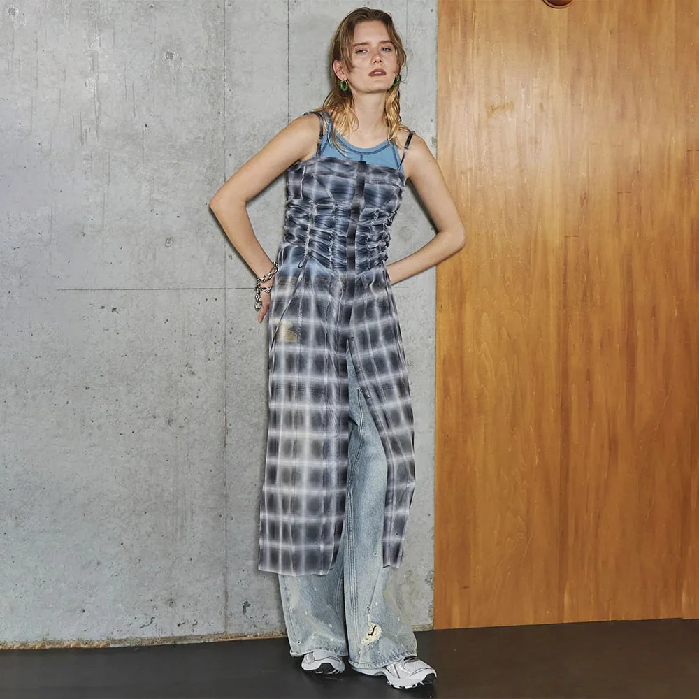 (W) SEE-THROUGH PLAID LAYERED DRESS (BLACK)