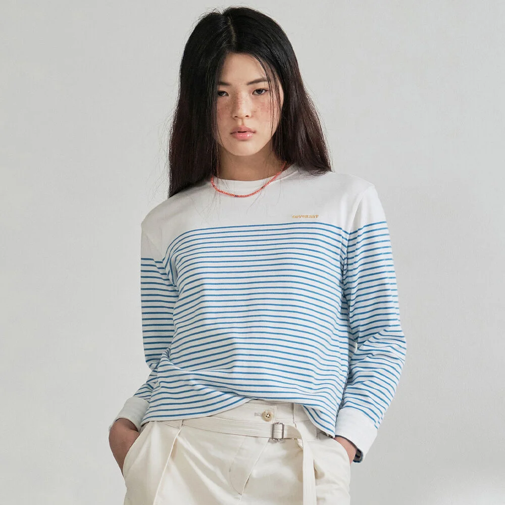 女裝 圓領 條紋 長袖 Blue