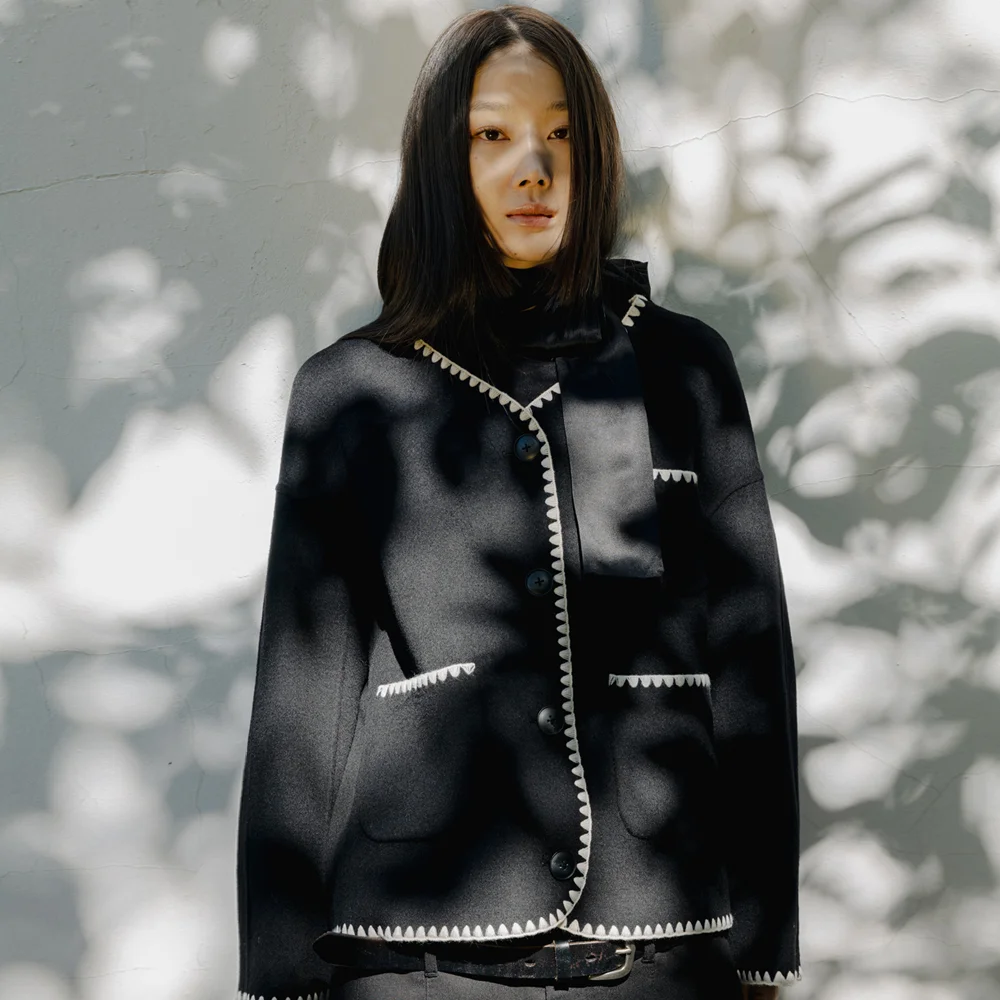 Contrast Stitching Black Jacket