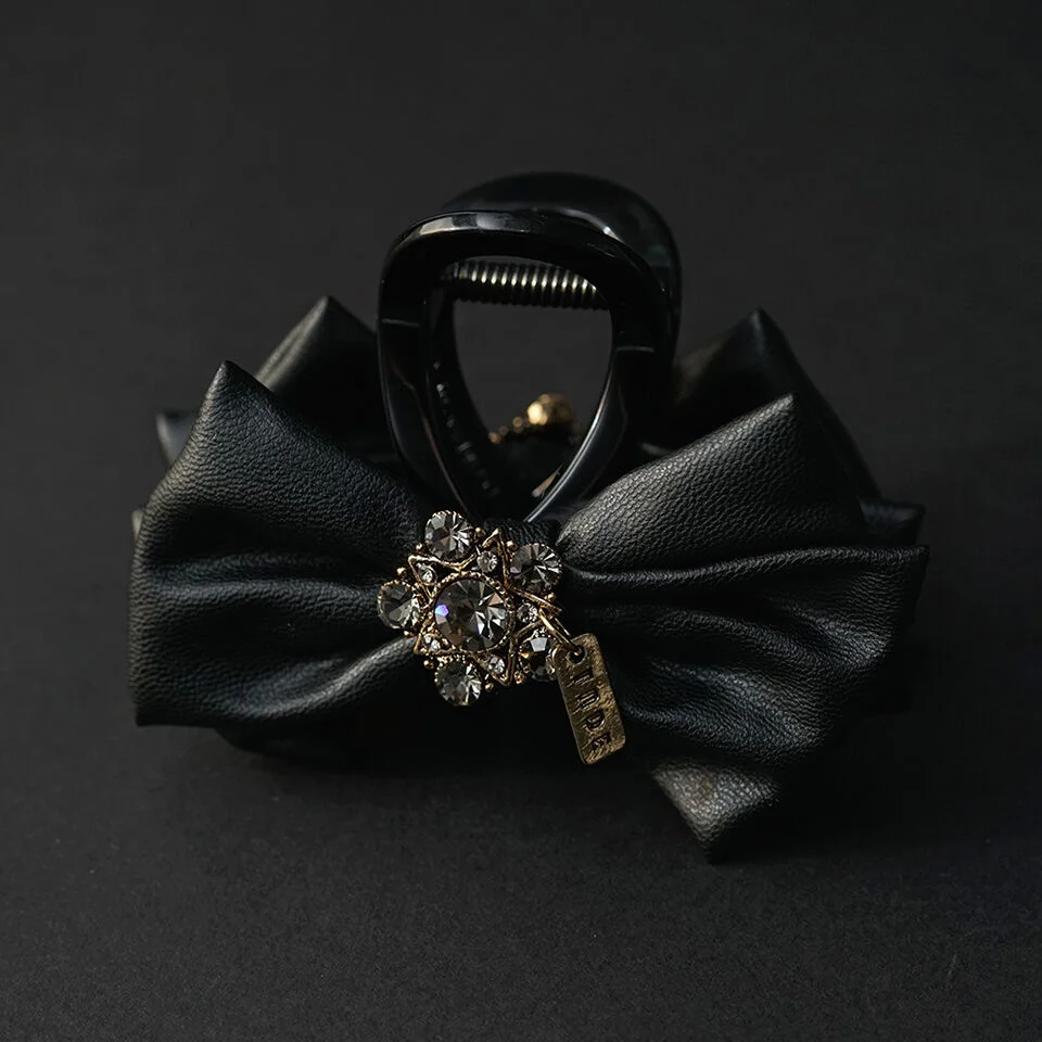 Zellze Leather Ribbon Crystal Hair Clip