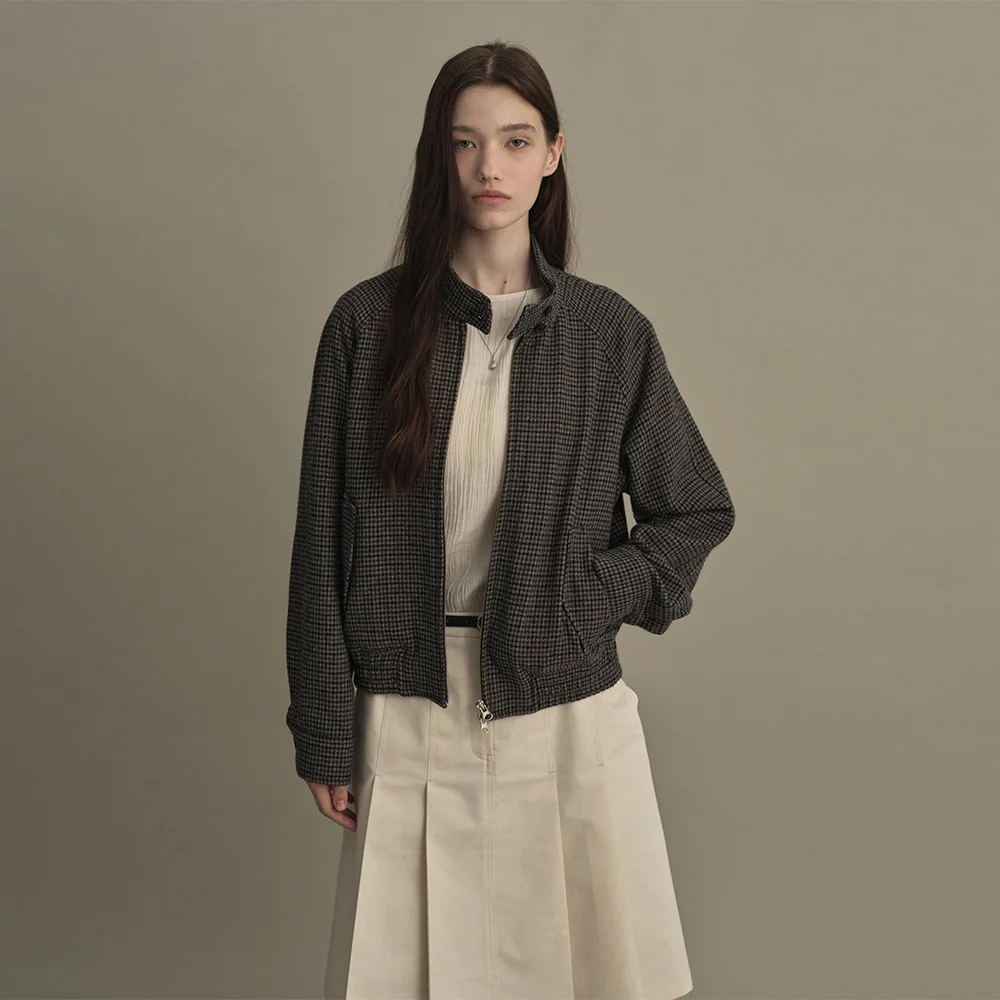 HIGH NECK WOOL BOMBER JACKET (check gray)