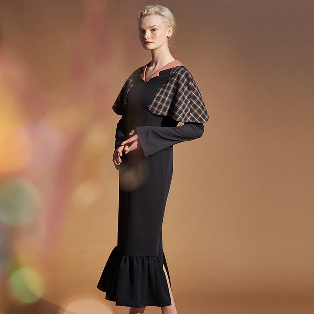Plaid cape long dress
