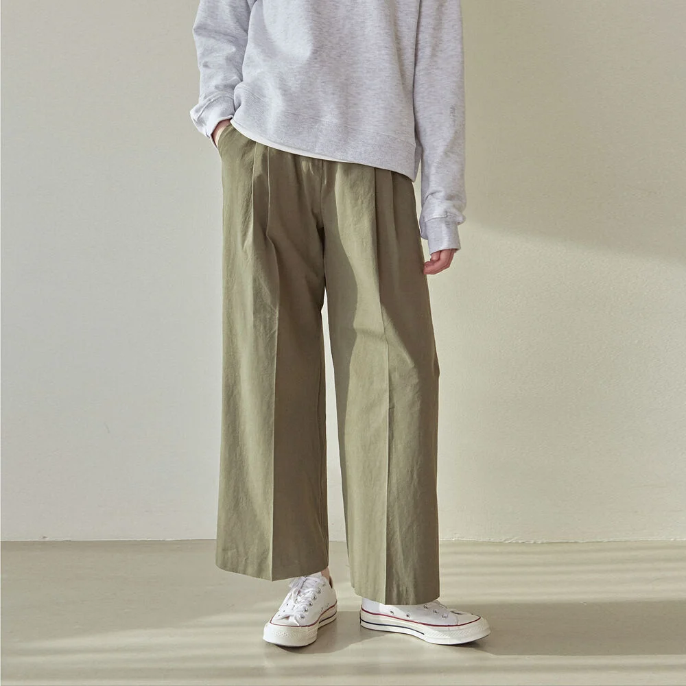WIDE PINTUCK COTTON SLACKS_KHAKI