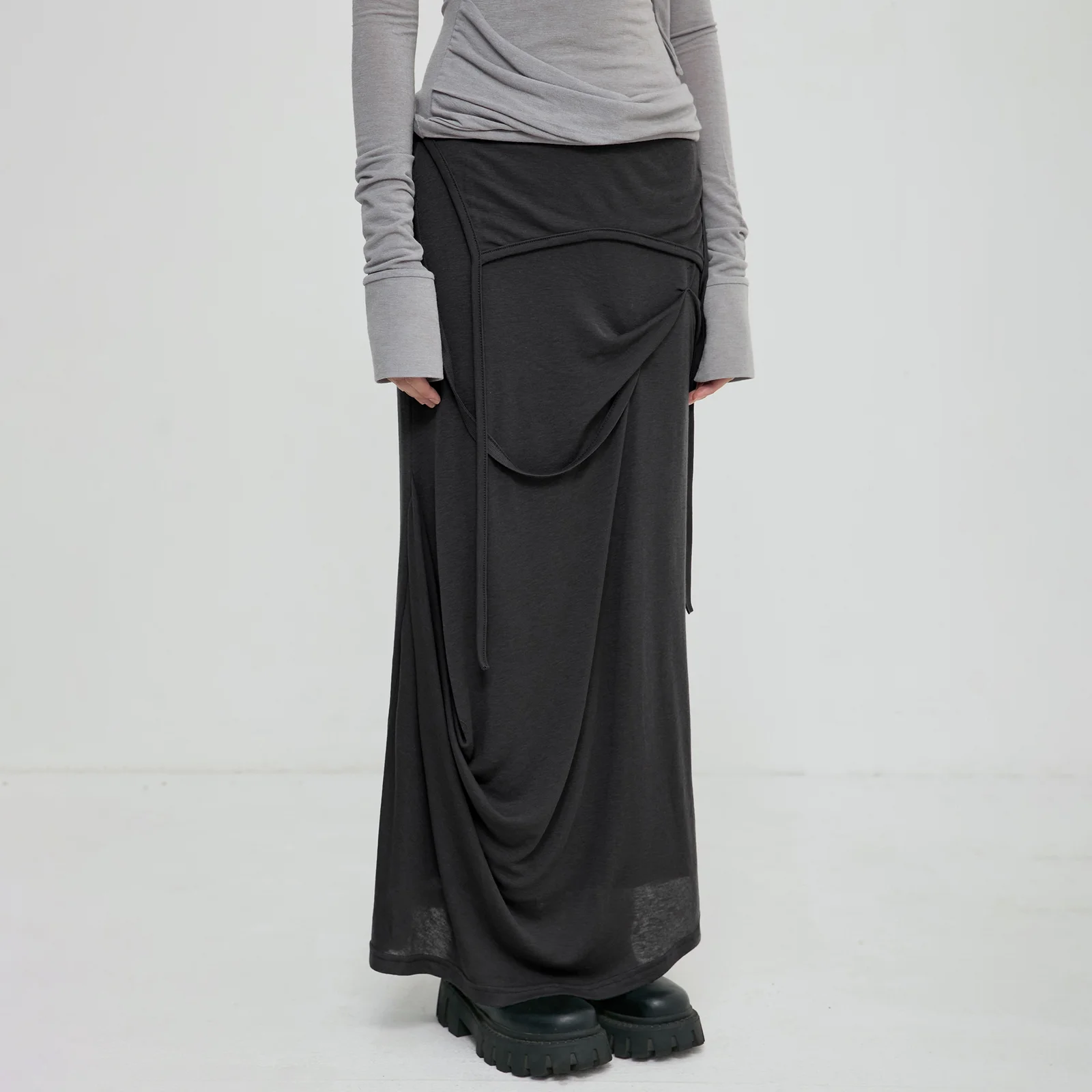 Asymmetrical Draped Long Skirt (FL-263_Black)