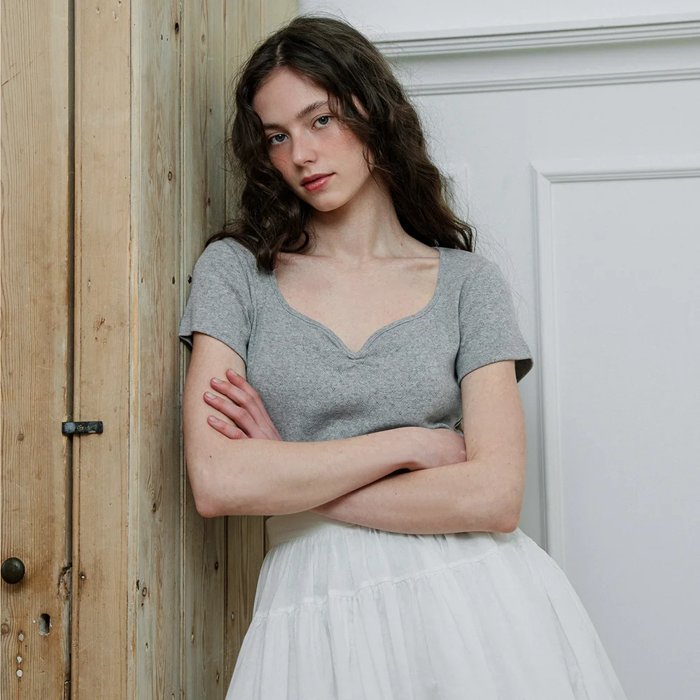 Daisy sweetheart neckline t-shirt_Melange grey