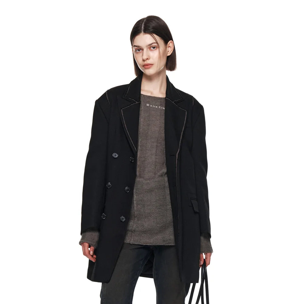 DROP SHOULDER LONG DOUBLE JACKET IN BLACK