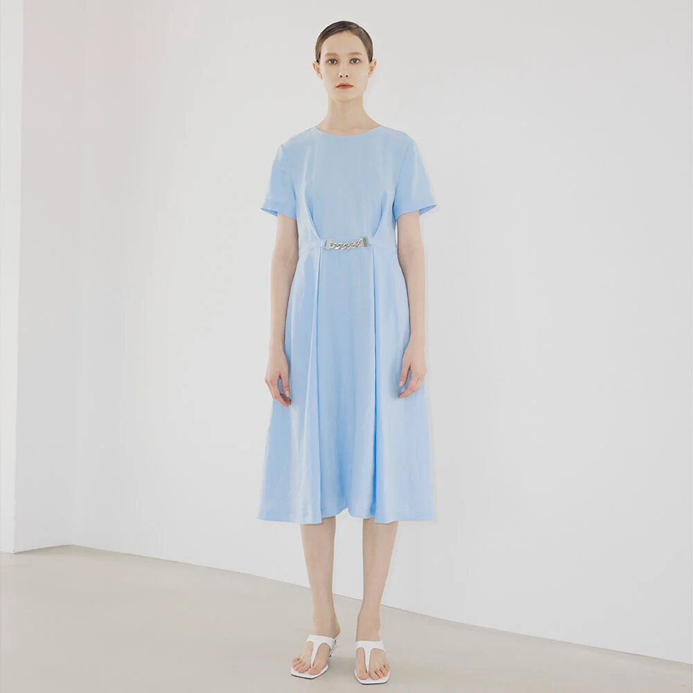 Buckle Linen Dress-Light Blue
