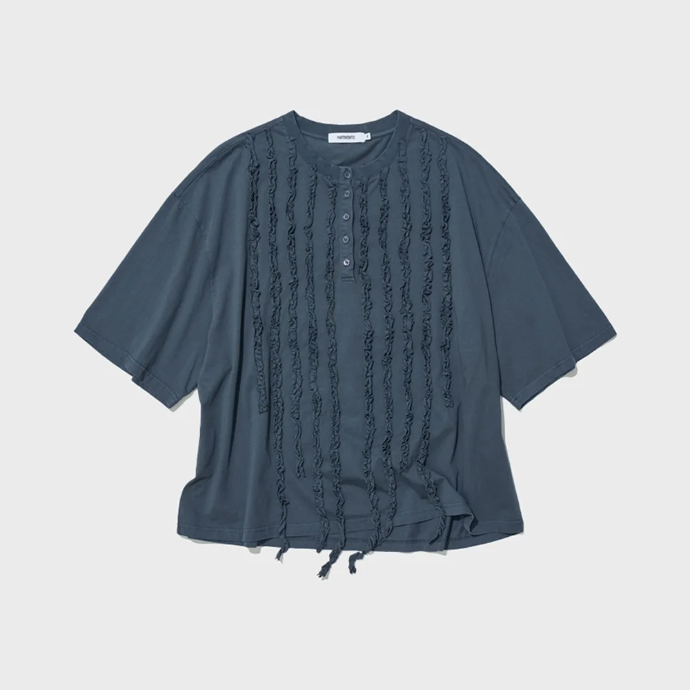 FRILL TRIM HENLEY NECK TEE_BLUE GREY