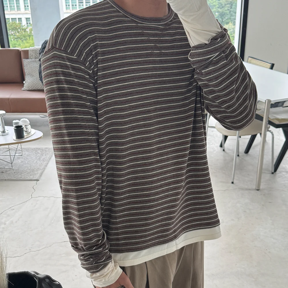 條紋 層次 船領 長袖 啡色