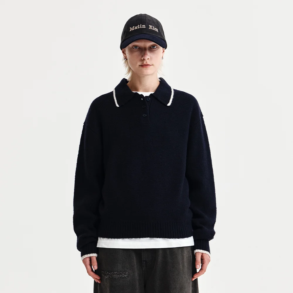 BACK LOGO COLLAR KNIT TOP FOR WOMEN IN DARK NAVY