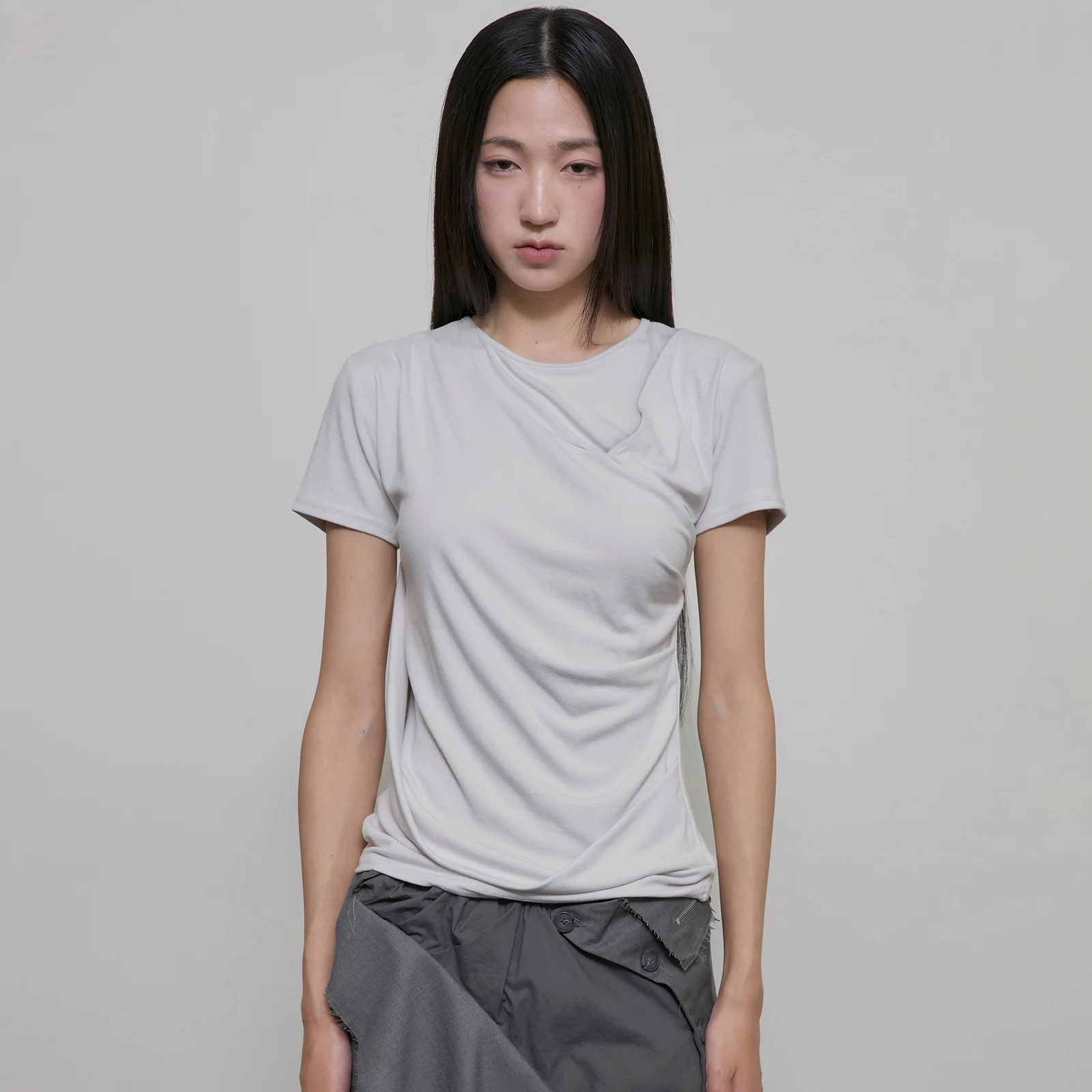 Asymmetrical Draped T-Shirt (FL-147_Cloud White)