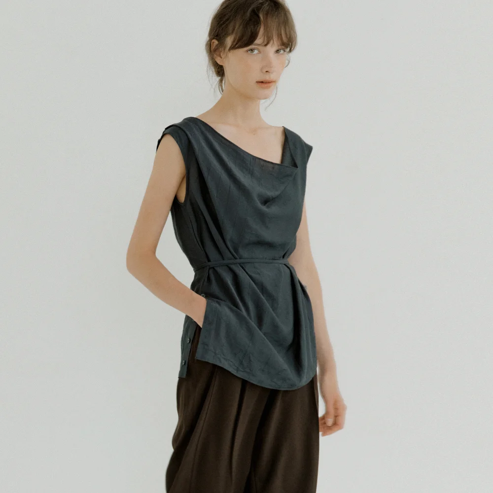 draped side open blouse (charcoal) orc 6080