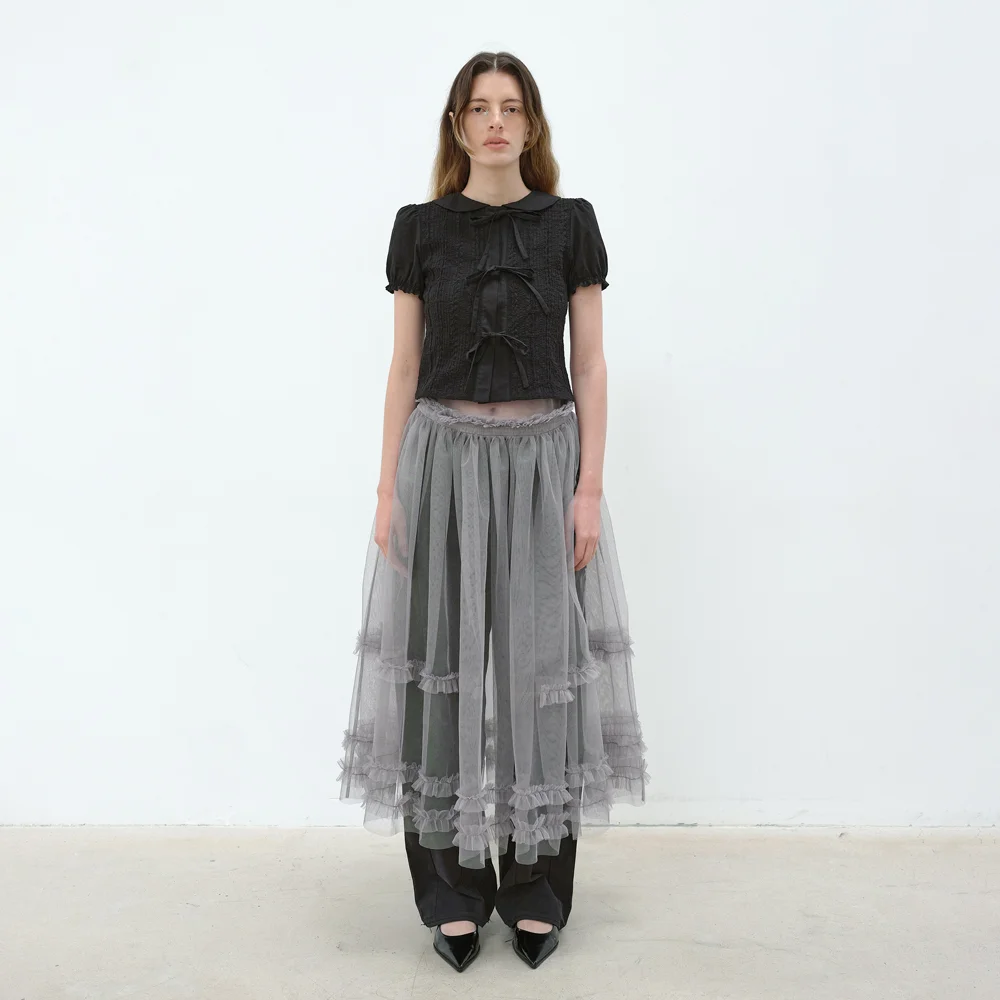 SHEER FRILL LAYERED DRESS - GRAY