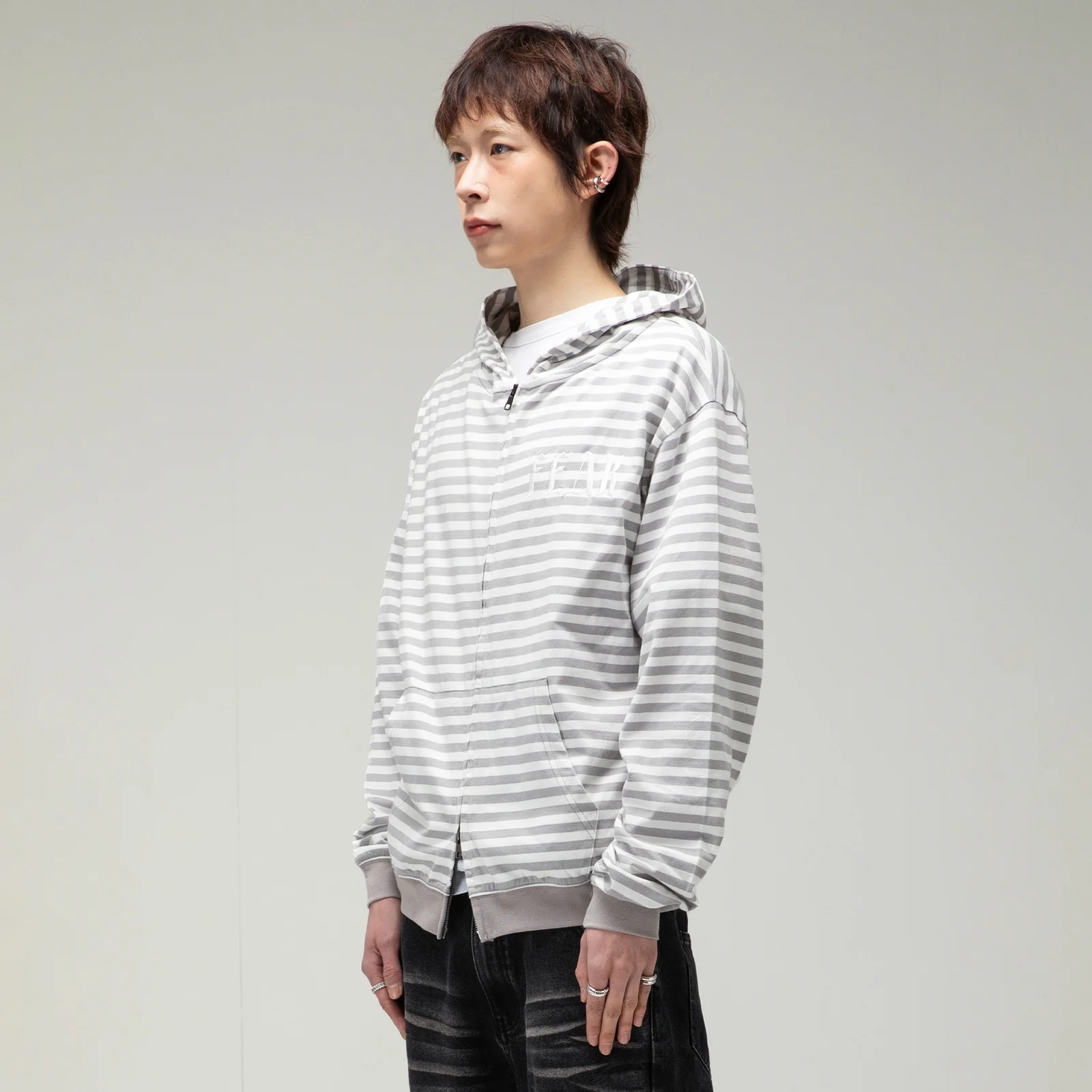 GHD034 Pier 條紋 拉鏈 連帽衫 (GRAY)