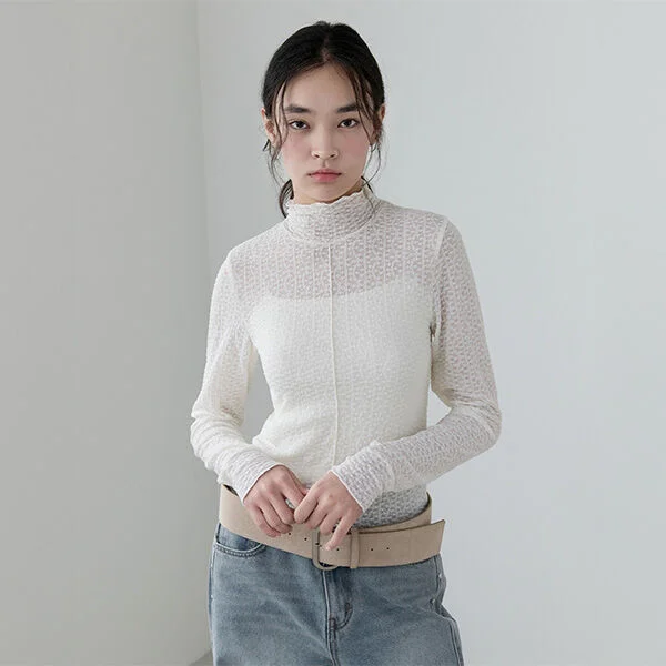 SHIRRING SEE-THROUGH HIGH NECK T-SHIRT IVORY