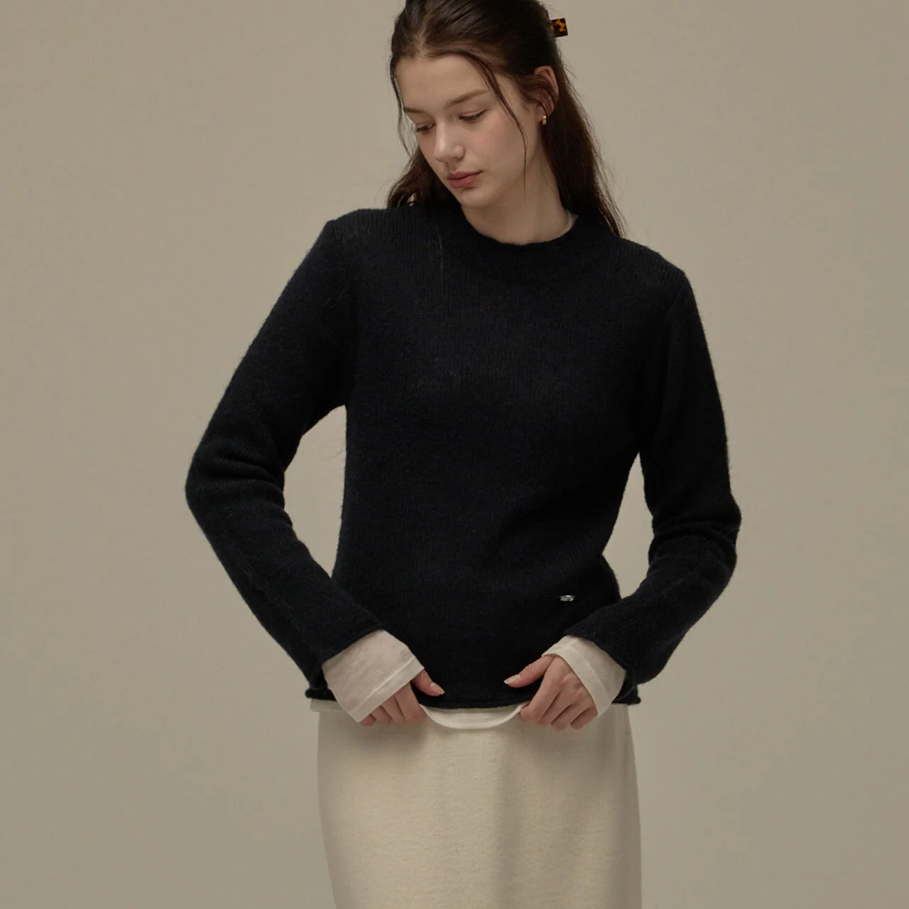 Half neck wool knit top - Navy