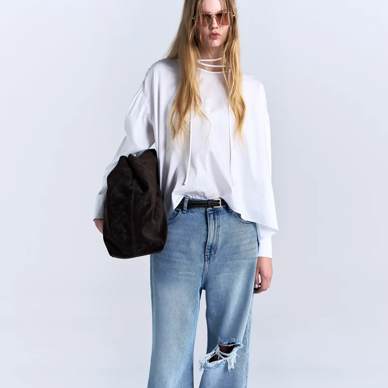 W SHIRRING TIE BLOUSE - WHITE