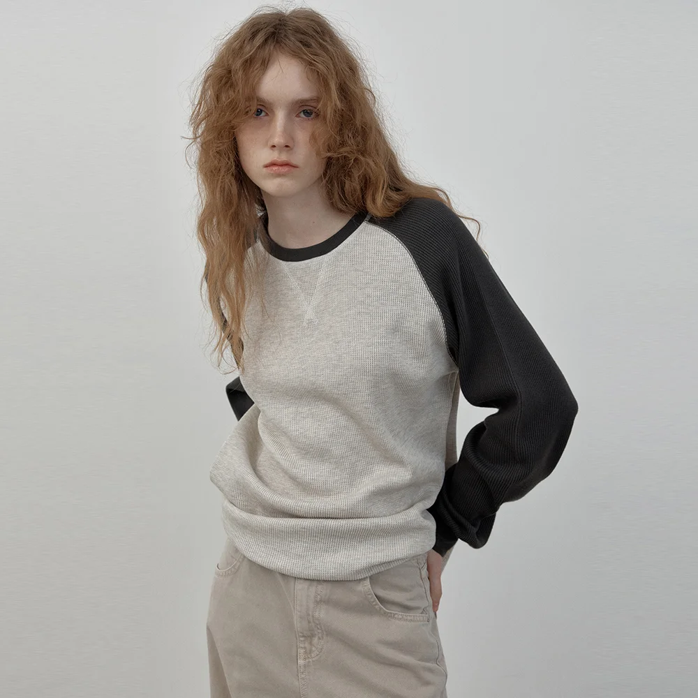 Multi raglan waffle t-shirt (oatmeal+charcoal brown)