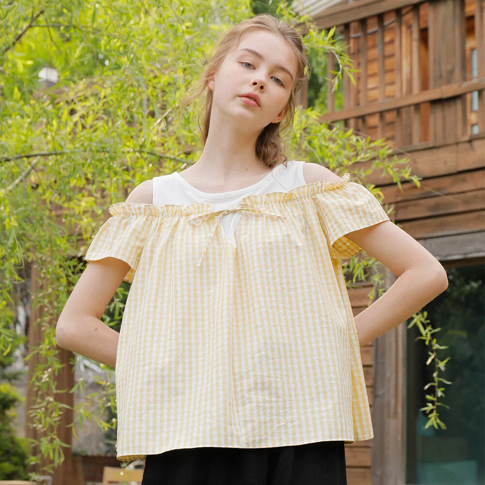 CHECK OPEN SHOULDER T-SHIRT_YELLOW