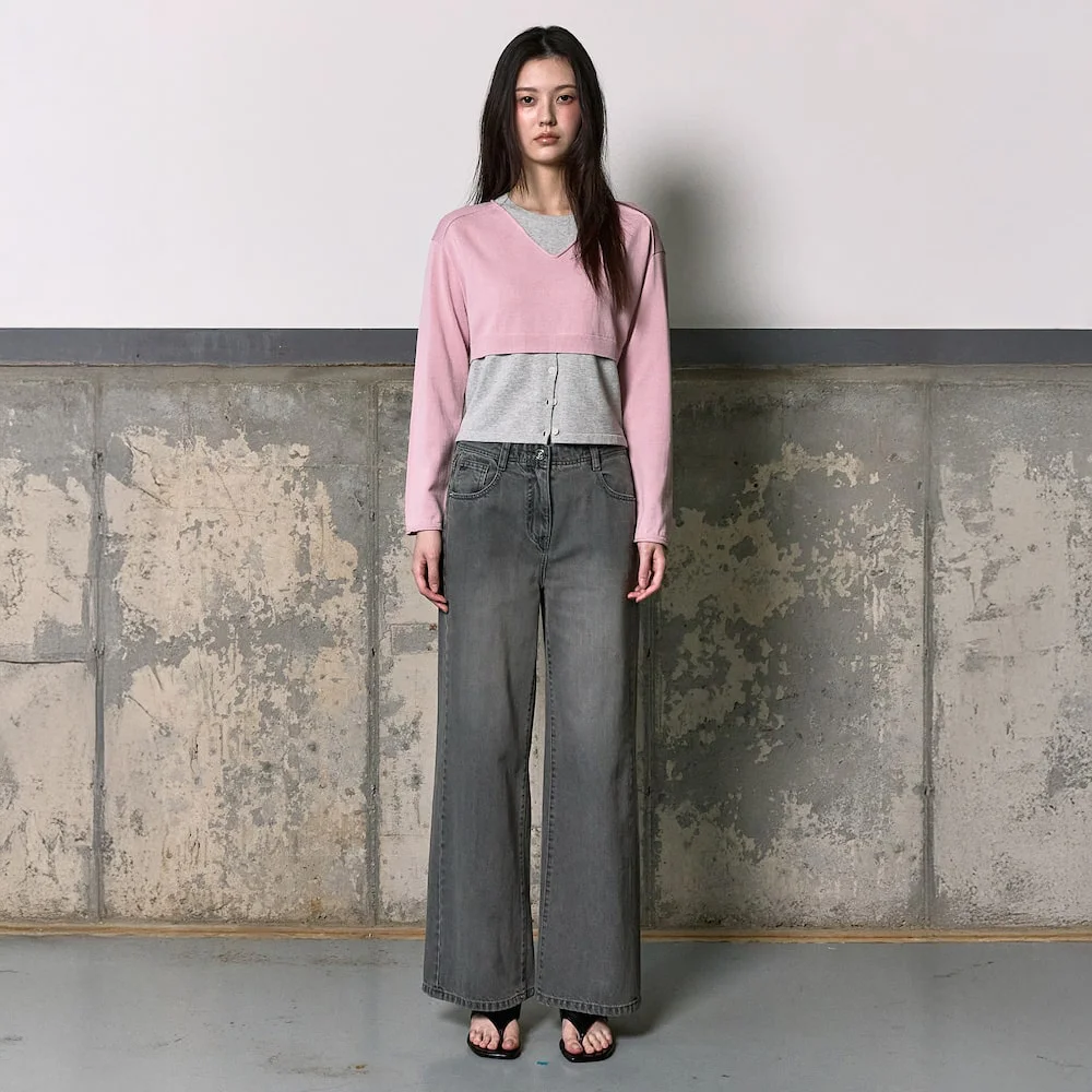 Washed Semi Wide Denim Pants Grey (KE6121M533)