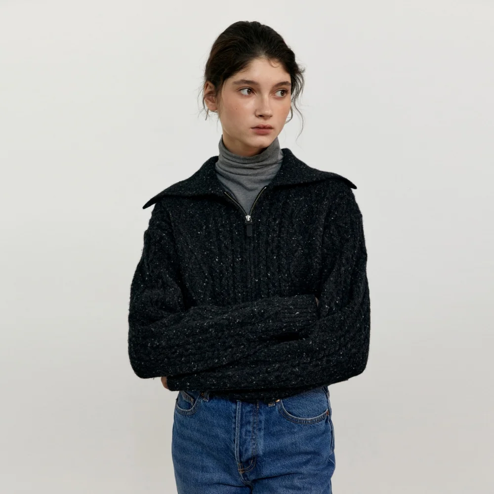 CABLE ZIP UP WOOL KNIT CARDIGAN BLACK