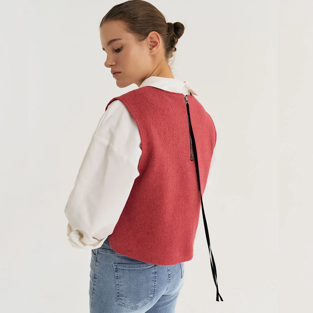 Tie-zipper Point Wool-blend Short Vest (Cherry Pink)