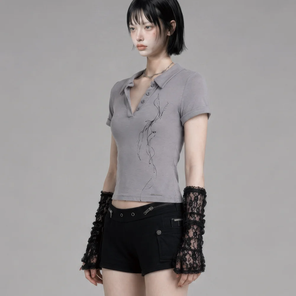 Rib Collar roll up shirring top (Gray)