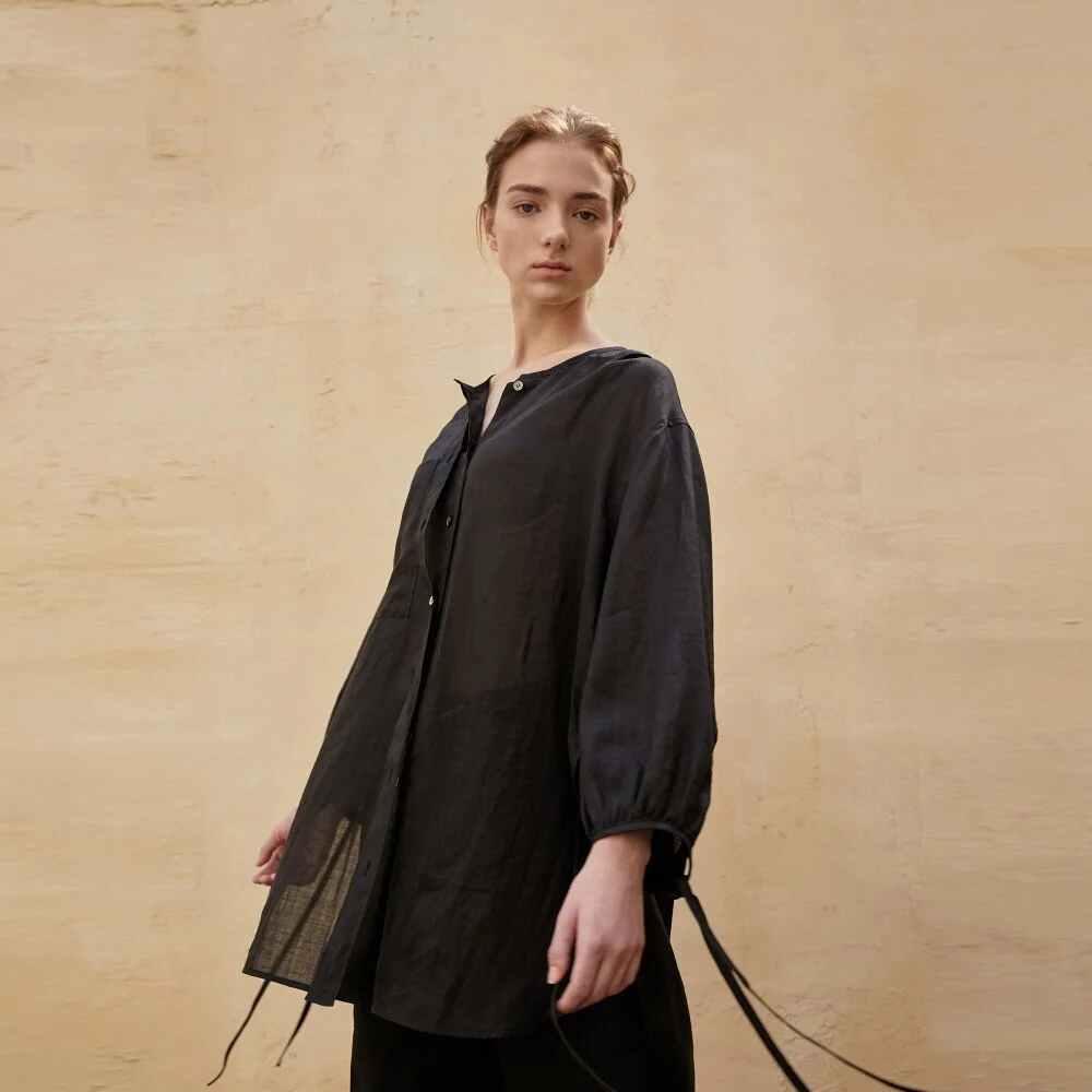 Blouse Front Strap Linen Black