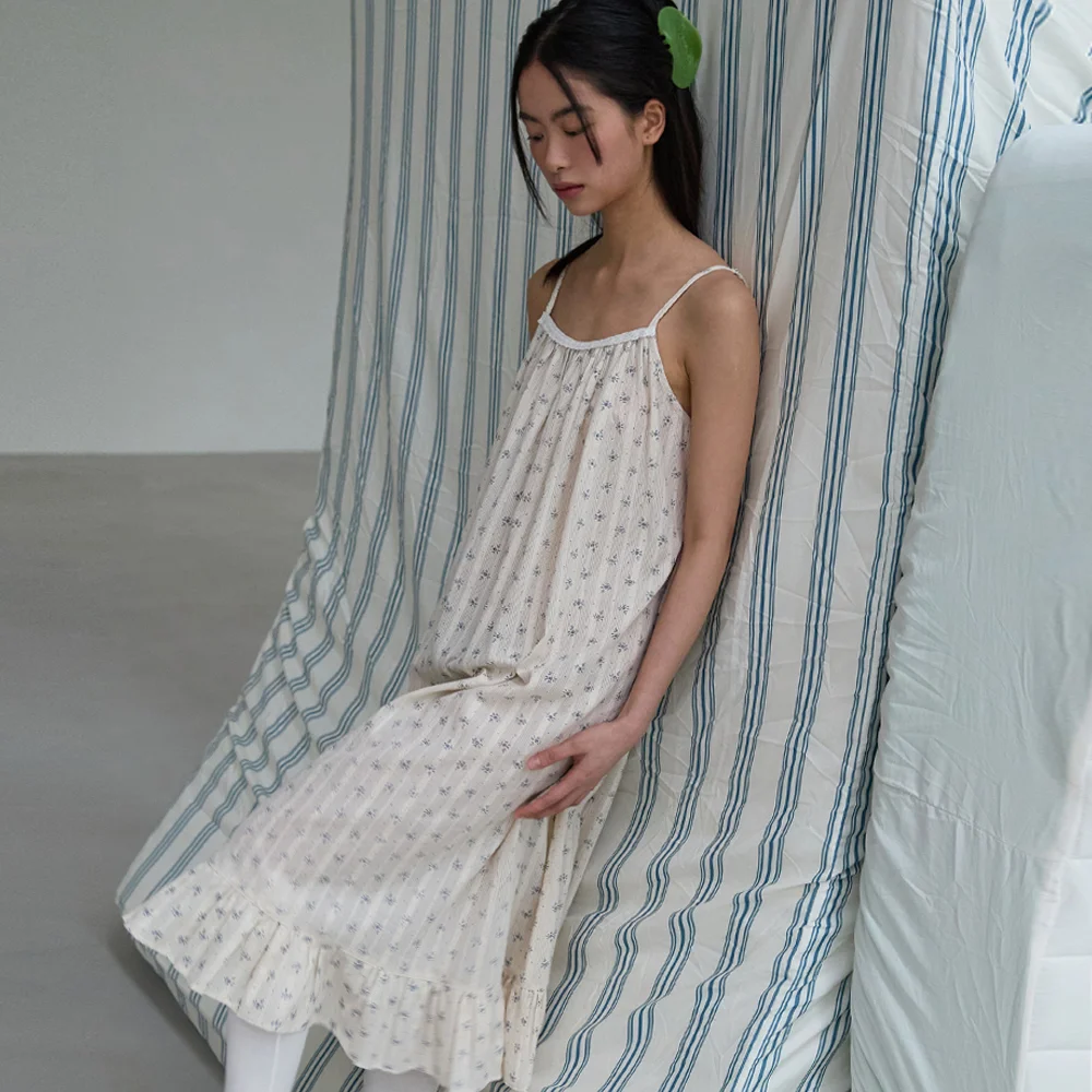 Jacquard Sleeveless Pajama Dress Blue flower