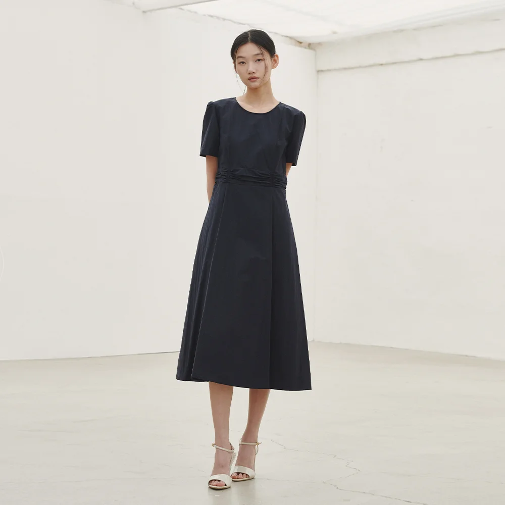 圓領 領 抽褶 點綴 連身裙 - 海軍藍 / Round Neck Shirring Point Dress - Navy