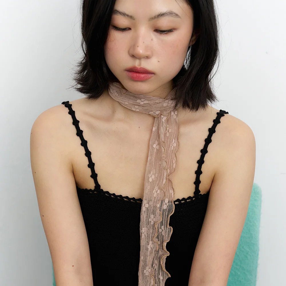 flower mesh long scarf - beige