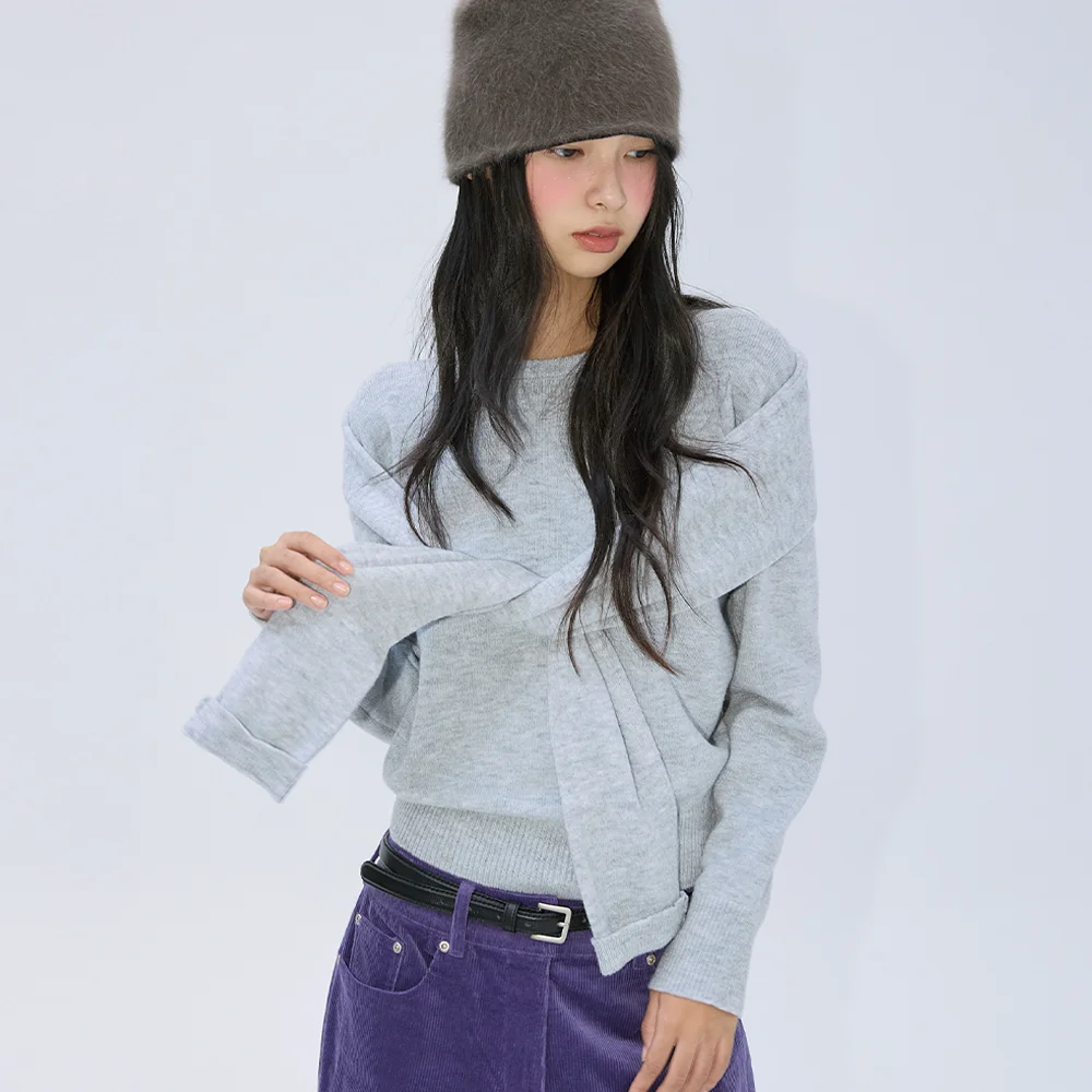 Layered Shawl Wool Knit Melange grey