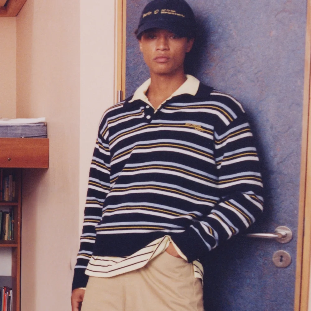 M.C UNISEX, Stripe Wool Collar Knit / Navy