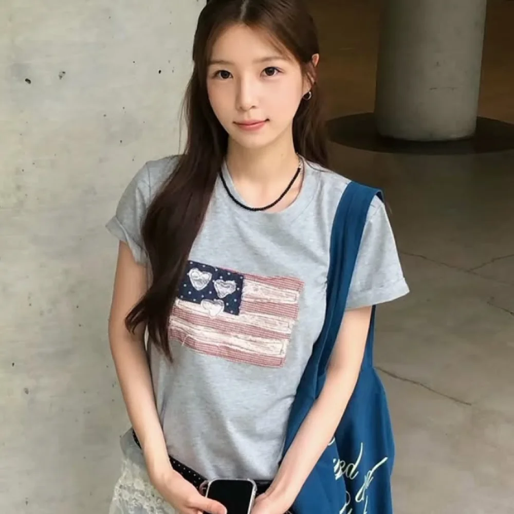 USA Banner lace patch T-shirt Melange Gray